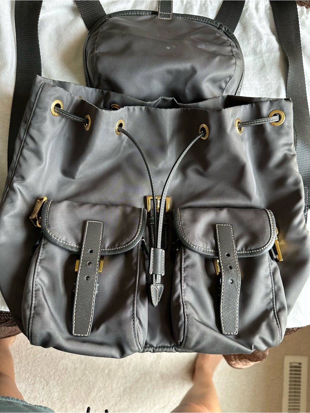 Prada Gray Nylon Drawstring Backpack with Gold Hardware - Picture 10 of 16